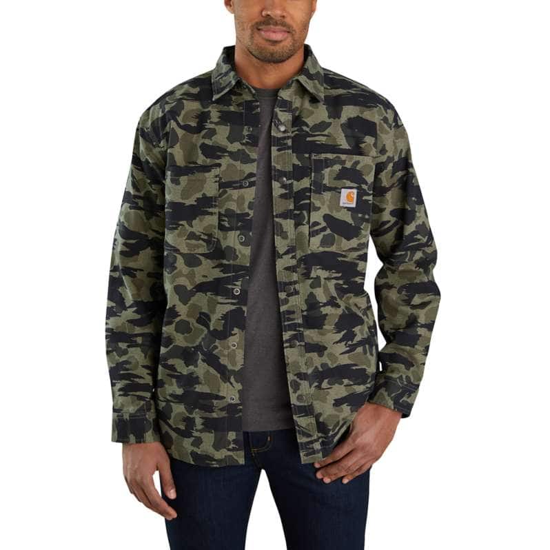 RUGGED FLEX® RELAXED FIT CANVAS FLEECE-LINED SNAP-FRONT CAMO SHIRT JAC 105171